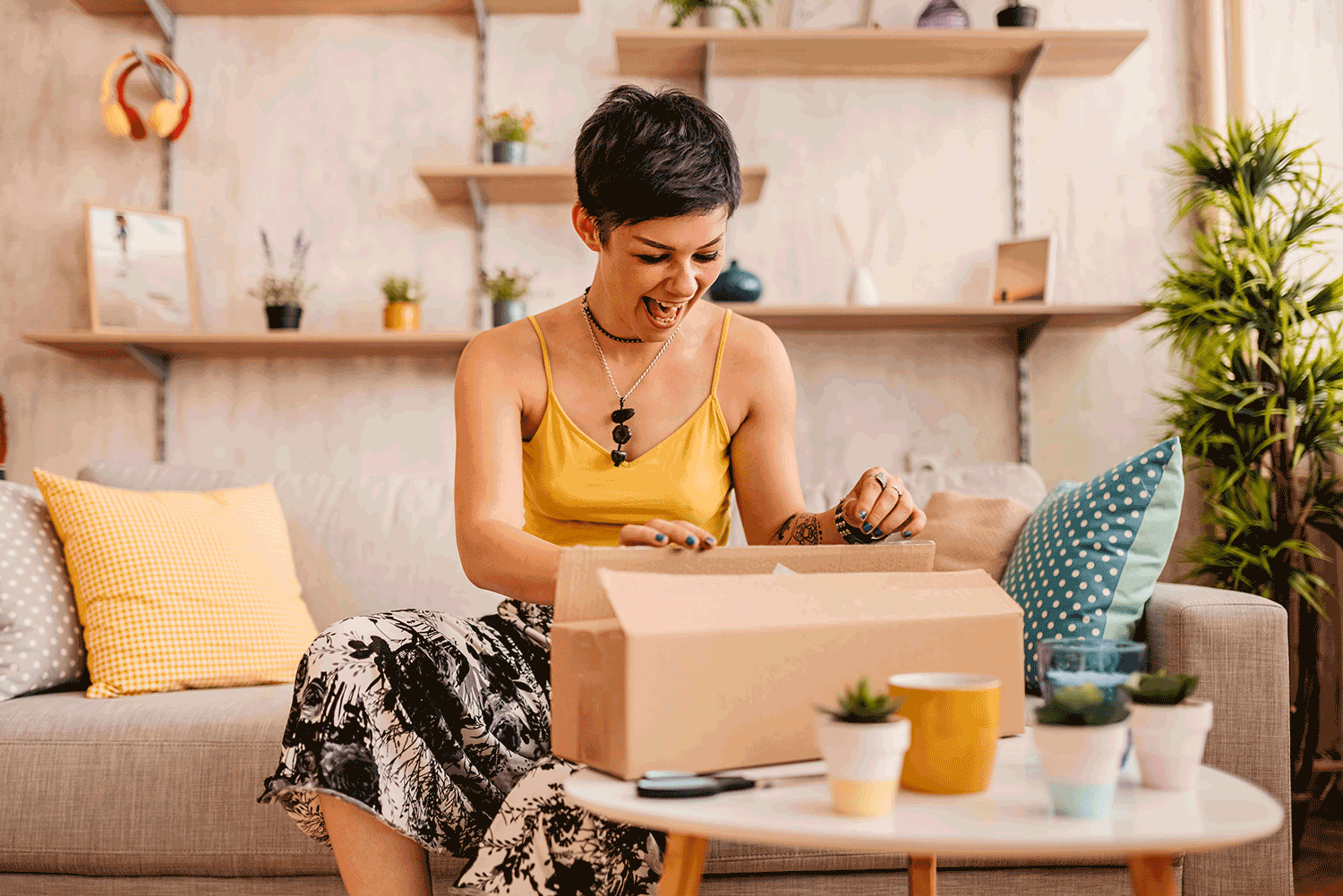 Dark haired woman opening package