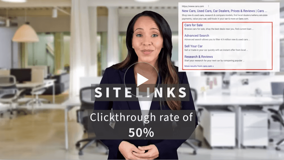 Screenshot from a video presentation showing an individual standing in an office setting. The image is overlaid with semi-transparent graphics discussing website analytics, including sitelinks and a clickthrough rate of 50%.