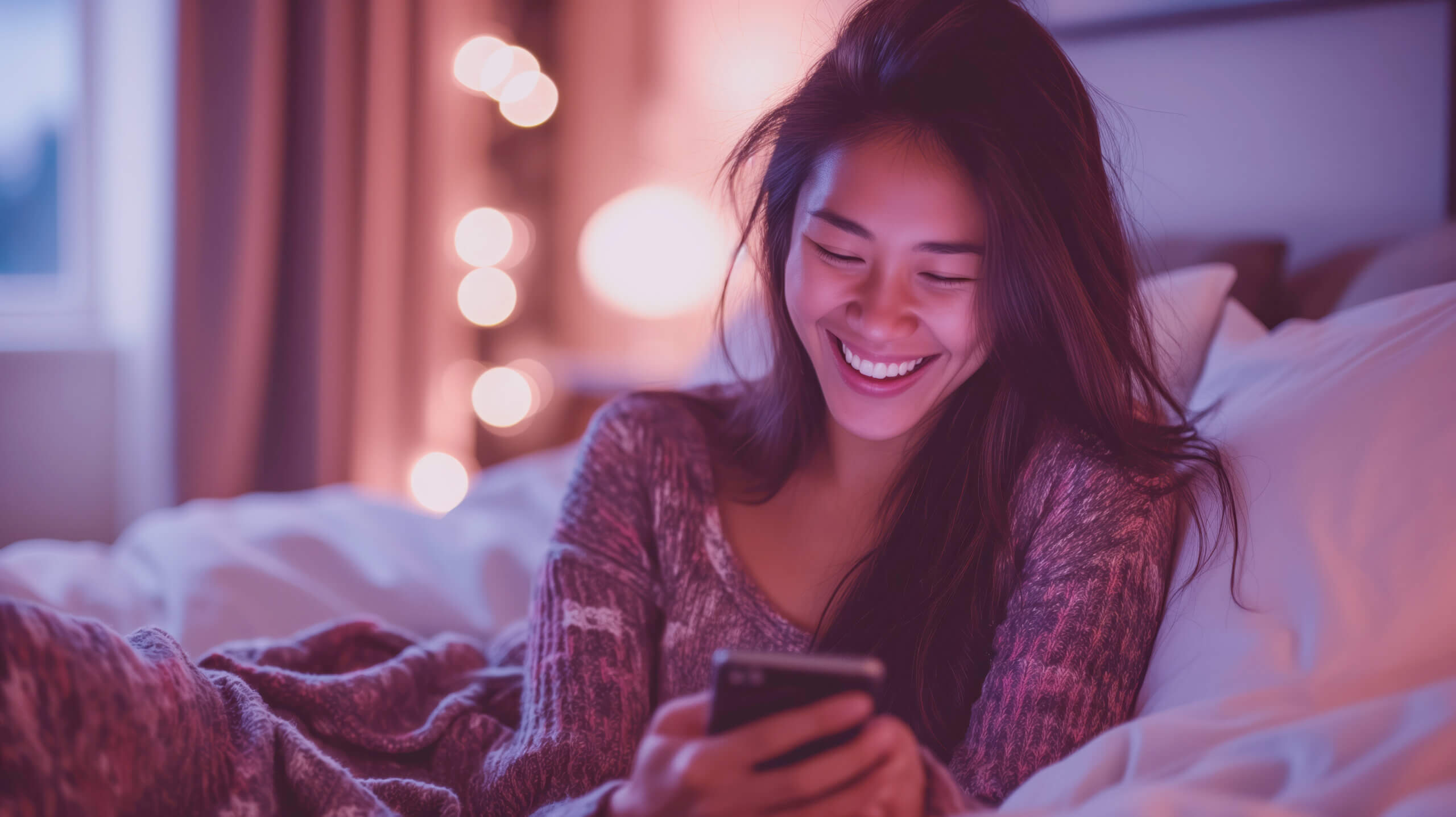 woman smiling looking at phone