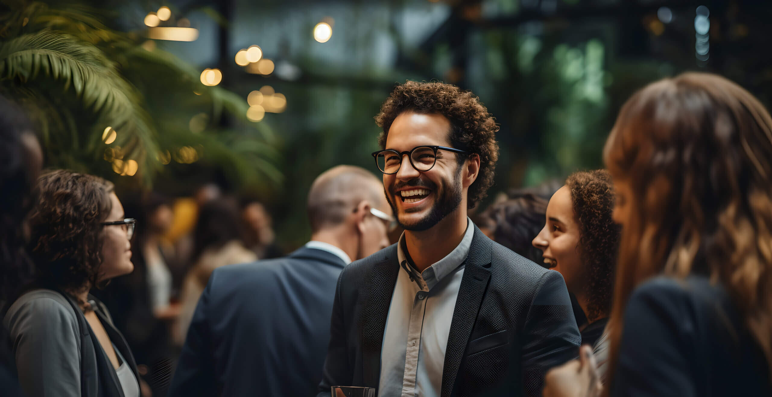 Happy businessman laughing during networking event at convention center