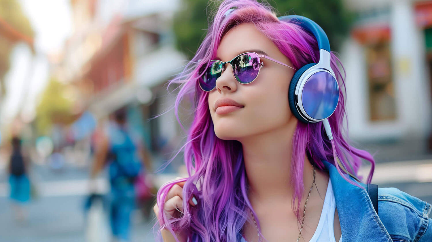 Beautiful young girl with purple pink hair listening to music on headphones, street style