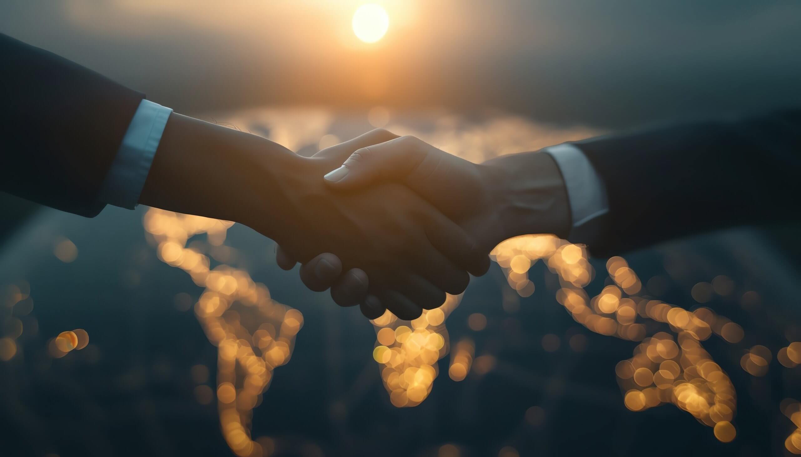 Two businessmen shaking hands with a world map in the background, symbolizing global partnership and collaboration.