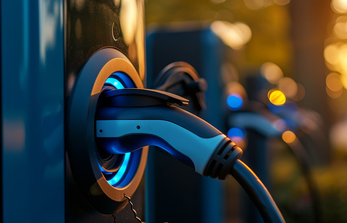 Closeup of plugged-in EV charger